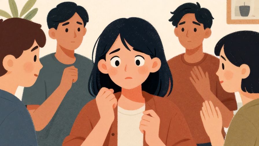 Illustration%20of%20a person nervously glancing around as others react subtly, warm but slightly tense atmosphere, illustrated style