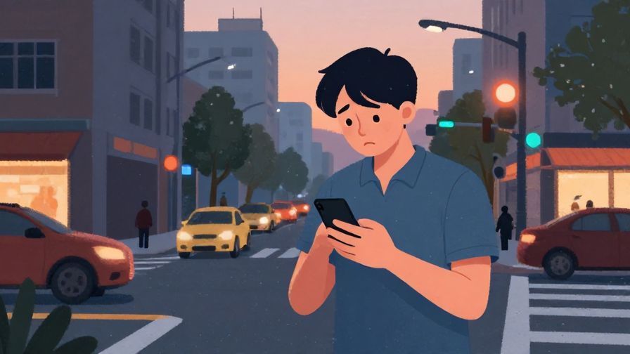 Illustration%20of%20a person nervously holding a phone and asking a local for help near a busy intersection, dusk setting, illustrated style