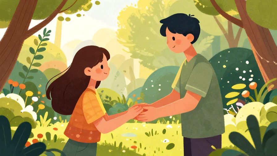 Illustration%20of%20a person offering a comforting gesture to another in a serene garden setting, soft sunlight filtering through trees, vibrant colors, illustrated style