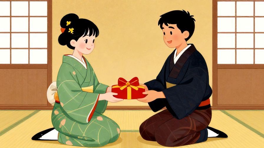 Illustration%20of%20a person offering a gift politely with a gentle smile, indoor traditional Japanese room, vibrant colors, illustrated style