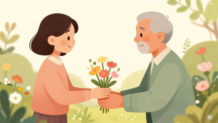 Illustration%20of%20a person offering flowers to an elder with a grateful smile, serene garden background, soft pastel colors