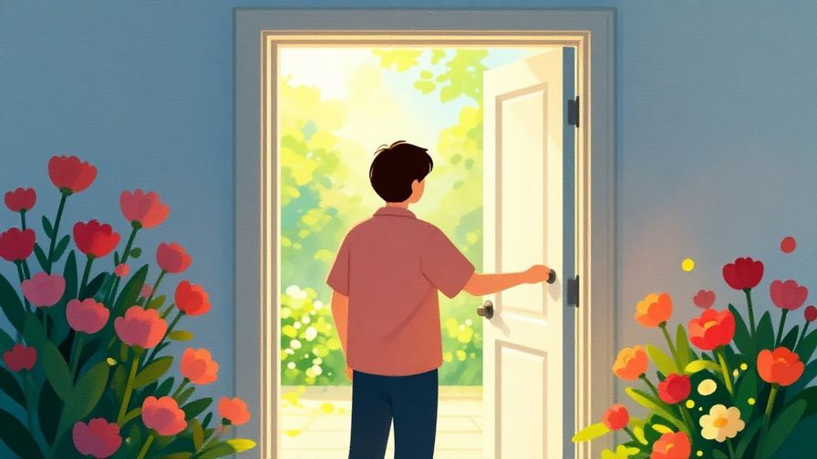 Illustration%20of%20a person opening a door to a bright morning, with fresh flowers and sunlight flooding in. Vibrant colors, illustrated style