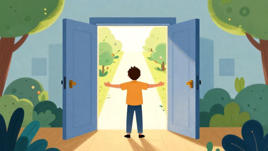 Illustration%20of%20a person opening a door wide with a bright path ahead, symbolizing freedom of choice. Cheerful, vibrant colors, stylized nature background.