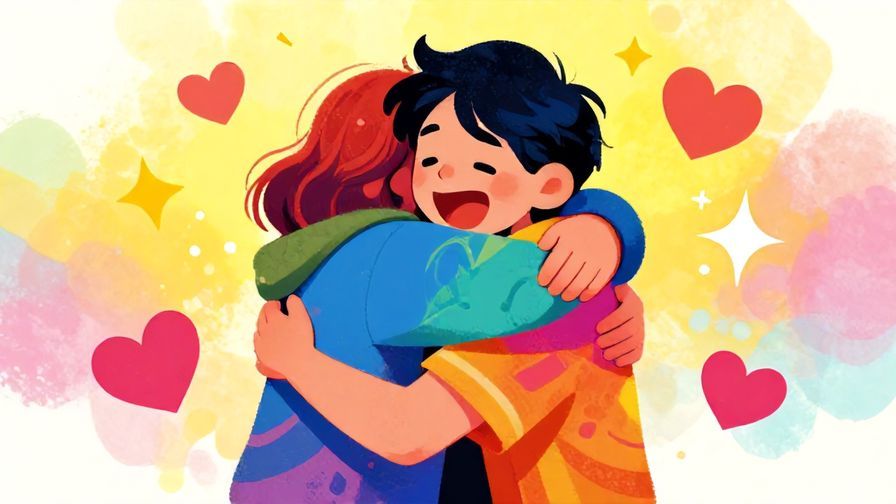 Illustration%20of%20a person overwhelmed with joy hugging an object tightly, surrounded by bright hearts and sparkles, vibrant colors, illustrated style
