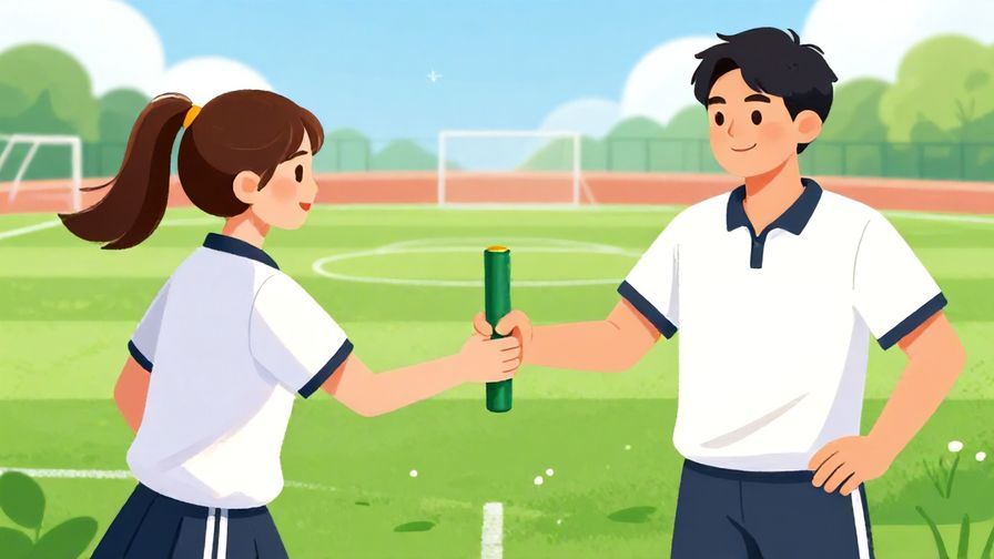 Illustration%20of%20a person passing a baton to another with a confident smile, sports field background, vibrant colors, illustrated style