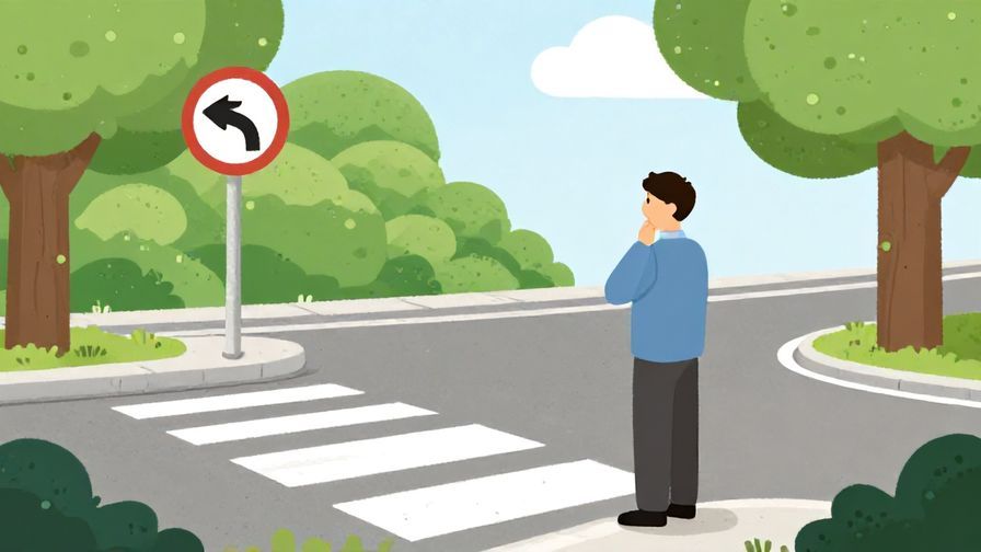 Illustration%20of%20a person pausing at a crossroads thinking about turning left, natural outdoor setting, illustrated style