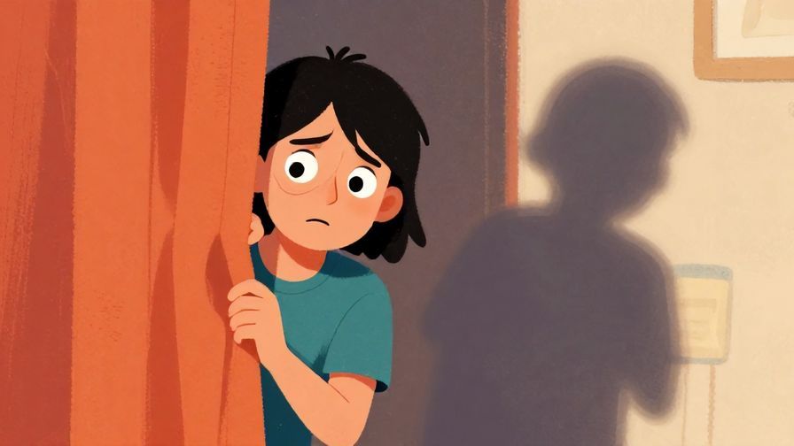 Illustration%20of%20a person peeking behind a curtain looking worried, with a shadow of trouble behind them, detailed indoor setting, vibrant colors, illustrated style