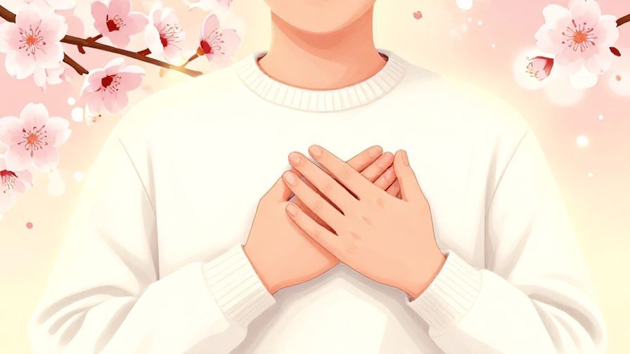 Illustration%20of%20a person placing hands over heart with a soft glowing background of cherry blossoms, warm colors, illustrated style