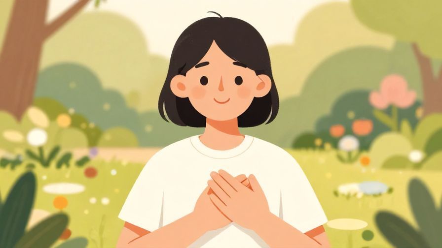 Illustration%20of%20a person placing their hand over heart with a sincere smile, peaceful garden background, warm lighting, illustrated style