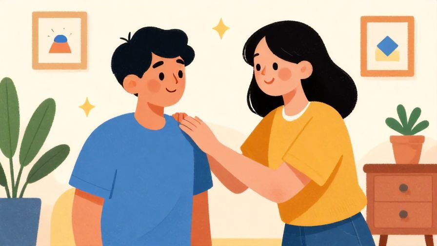 Illustration%20of%20a person playfully but firmly shaking another’s shoulder in encouragement, bright cheerful room, colorful, illustrated style