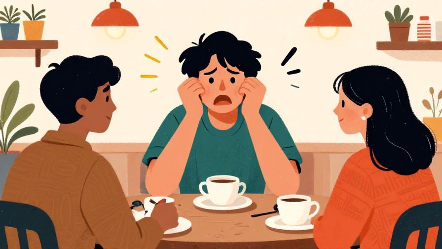 Illustration%20of%20a person playfully exaggerating frustration while talking to a friend in a cozy cafe, vibrant colors, illustrated style