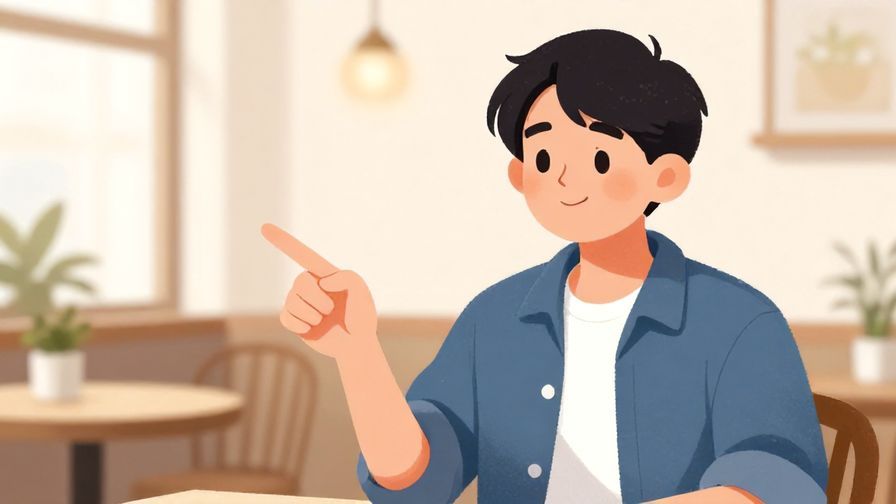 Illustration%20of%20a person pointing at an object with a curious smile, casual café background, bright and cheerful, illustrated style