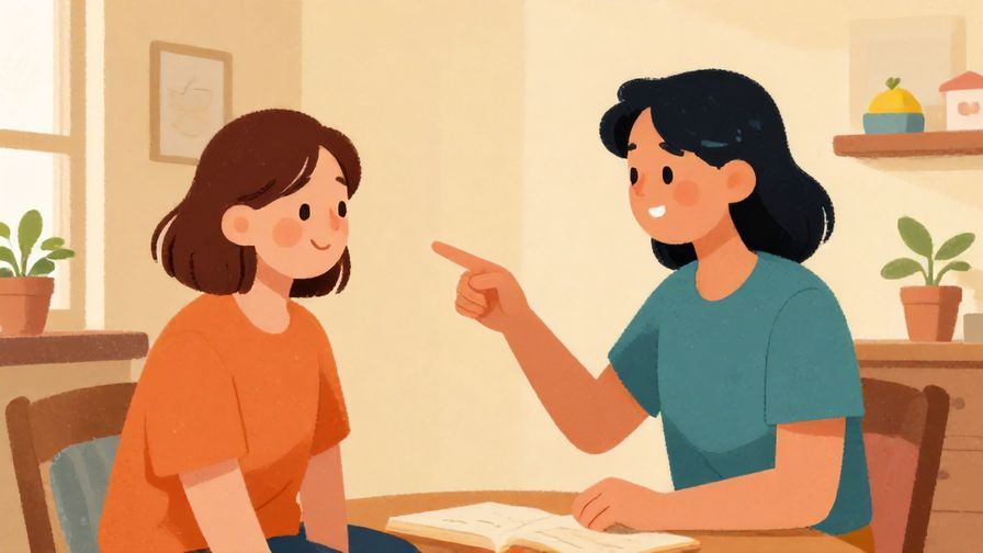 Illustration%20of%20a person pointing gently to another with a soft smile, warm home setting, vibrant colors, illustrated style