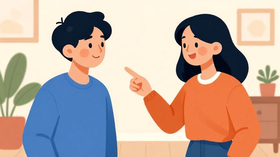 Illustration%20of%20a person pointing gently towards another person with a smile, bright cheerful room background, vibrant colors, illustrated style