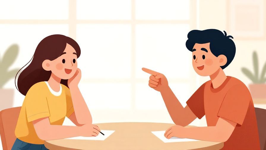 Illustration%20of%20a person pointing playfully to another across a table, bright environment, cheerful expressions