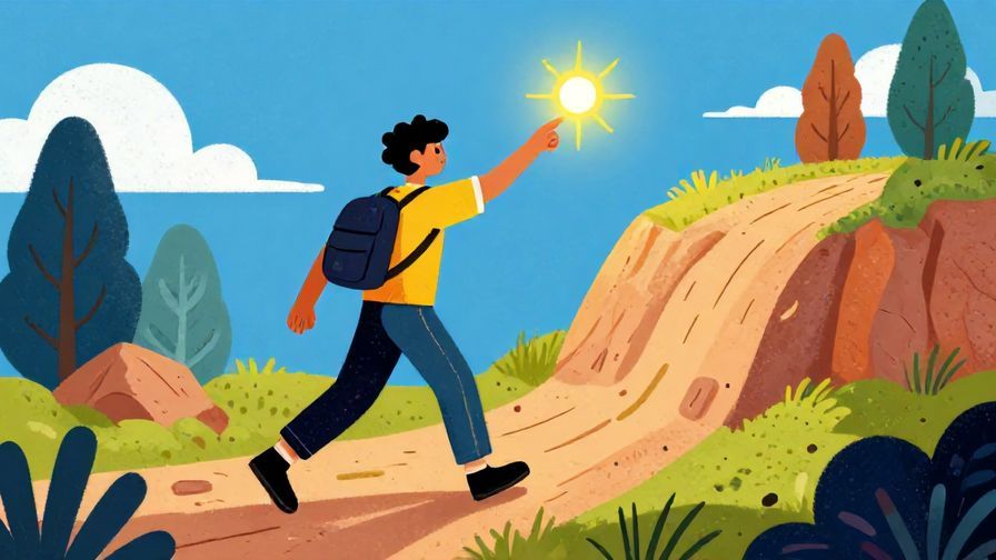 Illustration%20of%20a person pointing toward a shining goal while crossing a rugged path, vibrant colors, illustrated style