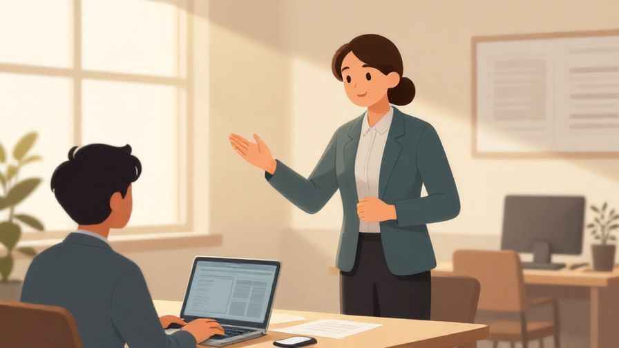 Illustration%20of%20a person politely announcing news in an office environment, warm lighting, illustrated style