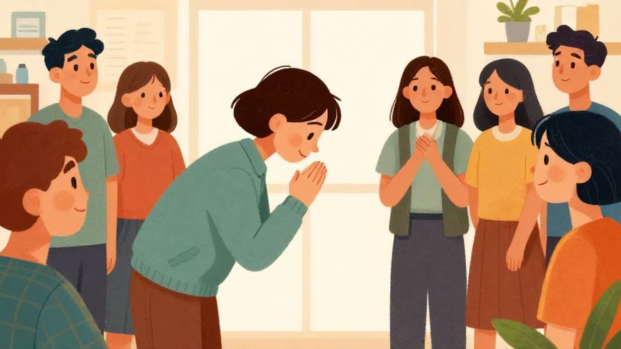 Illustration%20of%20a person politely apologizing before leaving a group, gentle bow, warm expressions around, detailed background, vibrant colors, illustrated style