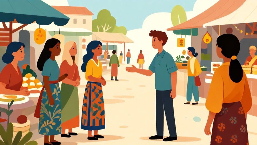 Illustration%20of%20a person politely approaching a group of locals in a marketplace to ask for help, bright colors, illustrated style