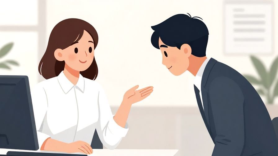 Illustration%20of%20a person politely asking another person with a smile, slight bow, calm office background, illustrated style