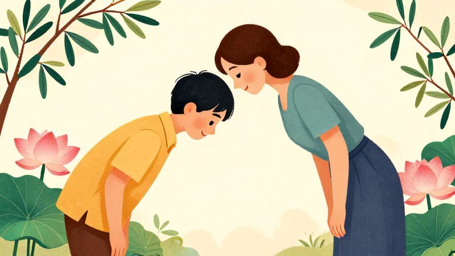 Illustration%20of%20a person politely bowing with a gentle smile, elegant background with olive branches and lotus flowers, vibrant colors, illustrated style