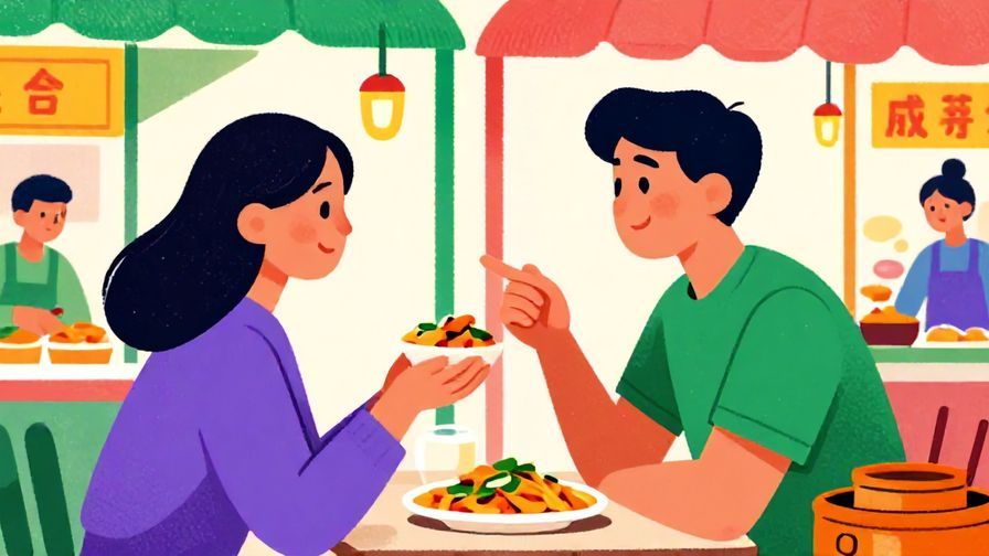 Illustration%20of%20a person politely but casually asking for a dish with a smile in a street food market, vibrant colors, illustrated style