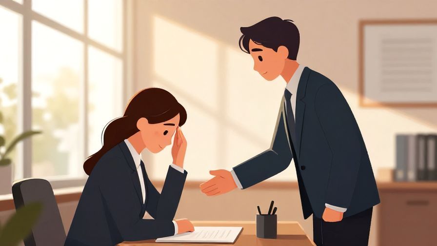 Illustration%20of%20a person politely but firmly shaking their head in a formal office, sunlight filtering through windows