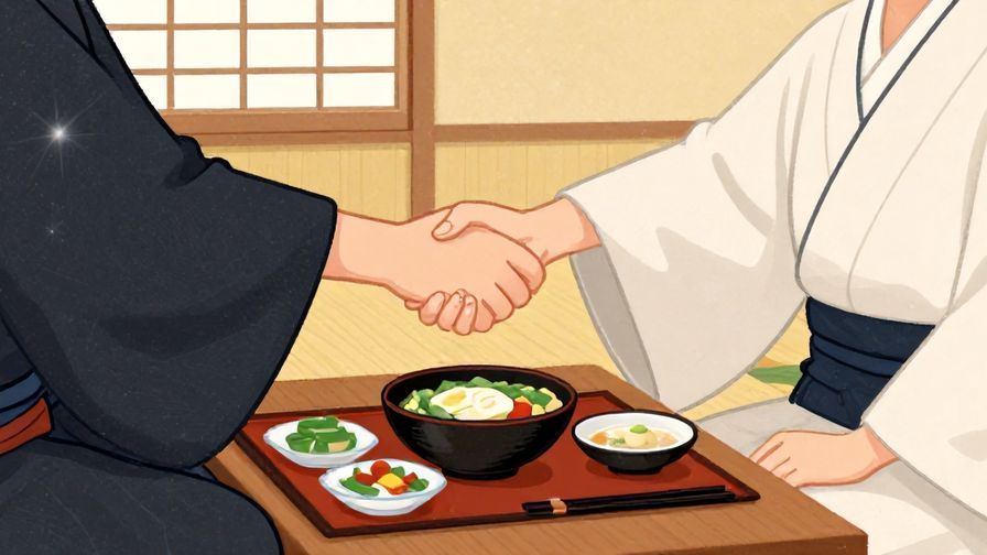 Illustration%20of%20a person politely clasping hands before a meal, traditional Japanese dining setting, respectful gesture, illustrated style