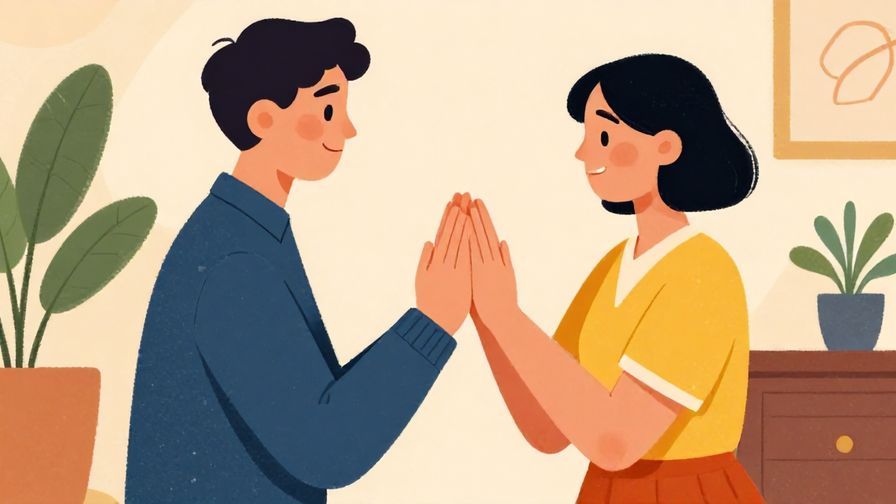 Illustration%20of%20a person politely clasping their hands with a gentle smile, indoors with elegant decor, vibrant colors, illustrated style