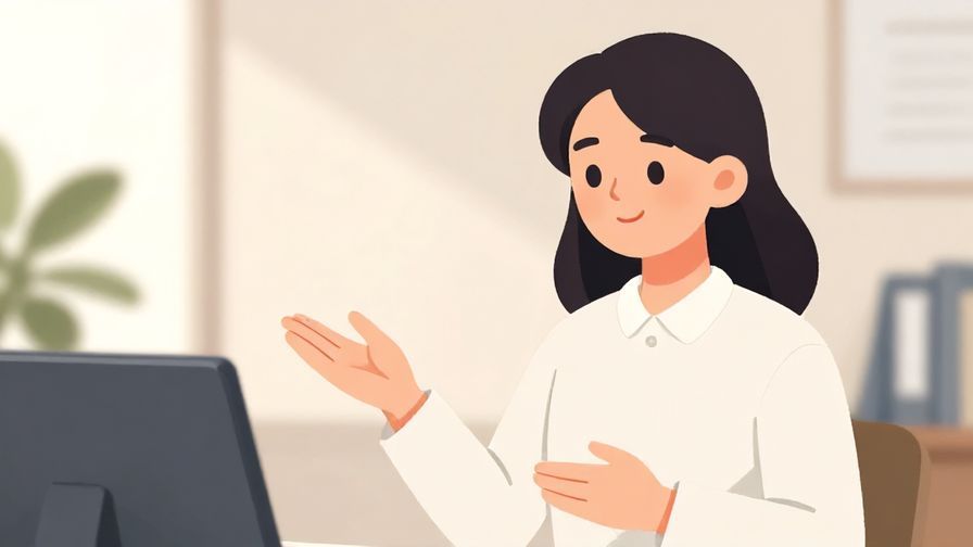 Illustration%20of%20a person politely explaining something with a gentle smile, soft office background