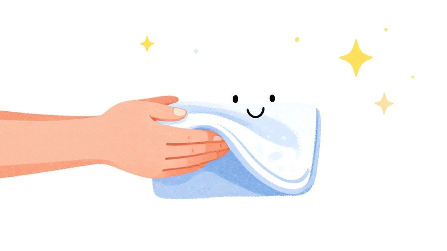 Illustration%20of%20a person politely handing over a towel with a smile, bright background with stars and soft dots, illustrated style