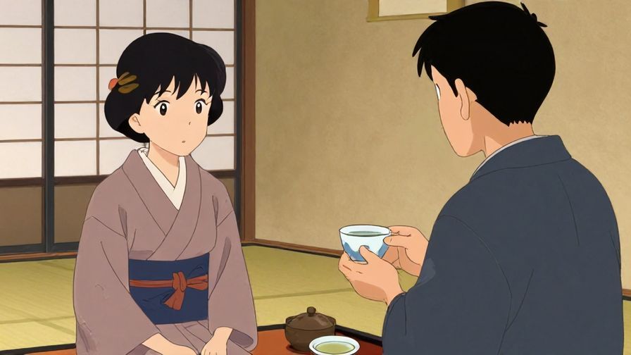 Illustration%20of%20a person politely inquiring about another’s schedule, holding a tea cup, traditional Japanese room, calm atmosphere, illustrated style