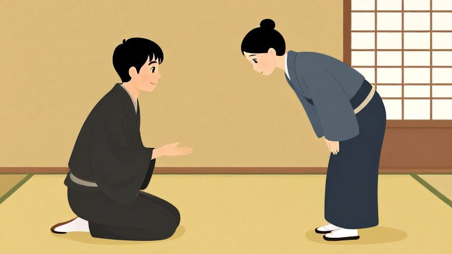 Illustration%20of%20a person politely introducing themselves with a slight bow%2C traditional Japanese room background%2C warm colors%2C illustrated style
