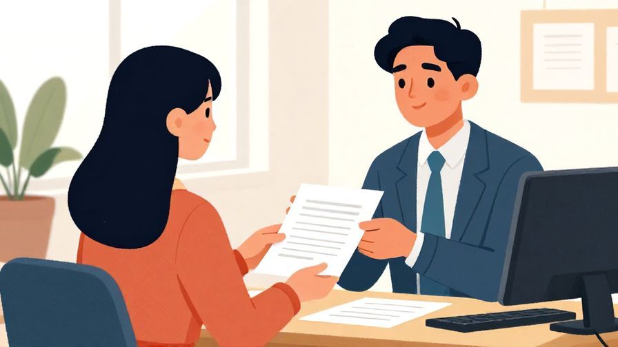 Illustration%20of%20a person politely presenting a document to a colleague, professional office environment, vibrant colors, illustrated style