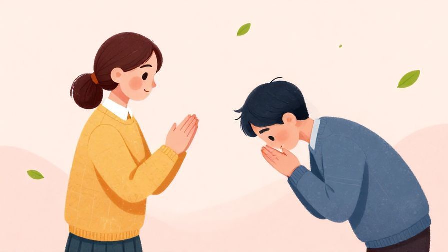 Illustration%20of%20a person politely raising a hand in a respectful bow, with a soft pastel background and floating leaves, vibrant colors, illustrated style