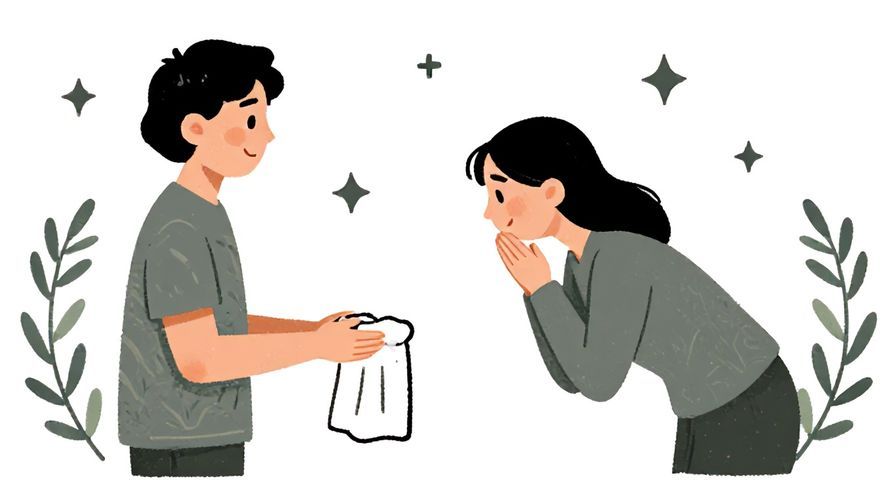 Illustration%20of%20a person politely requesting towel preparation with a slight bow, surrounded by stars and olive branches, illustrated style