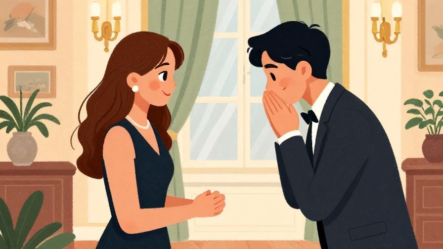 Illustration%20of%20a person politely smiling and nodding in a formal room with elegant decor, detailed background, vibrant colors, illustrated style