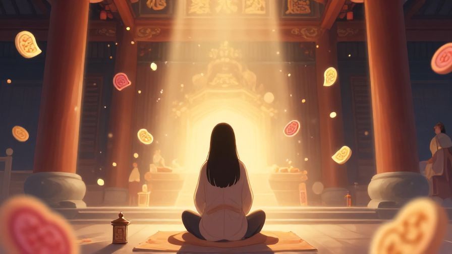 Illustration%20of%20a person praying at a shrine with soft glowing light, surrounded by floating lucky charms and serene atmosphere