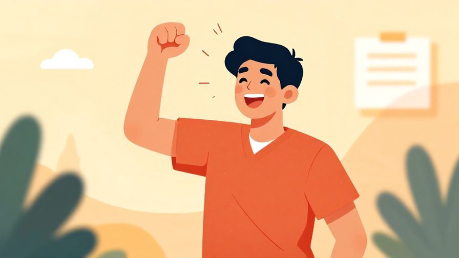 Illustration%20of%20a person pumping a fist joyfully after completing a task, warm lighting and vibrant colors