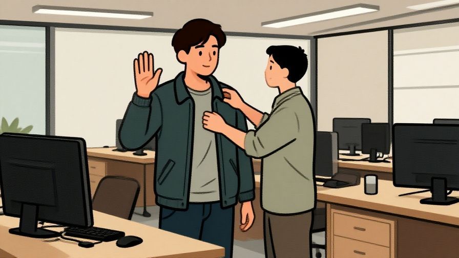 Illustration%20of%20a person putting on a jacket and waving goodbye casually in an office setting, relaxed atmosphere, illustrated style