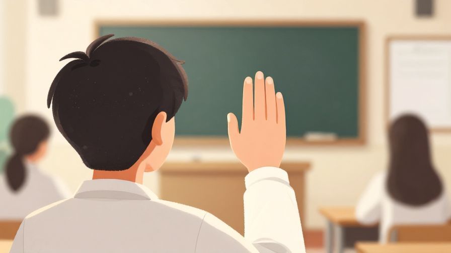 Illustration%20of%20a person raising a hand slightly to ask a question politely in a classroom setting, soft lighting, illustrated style