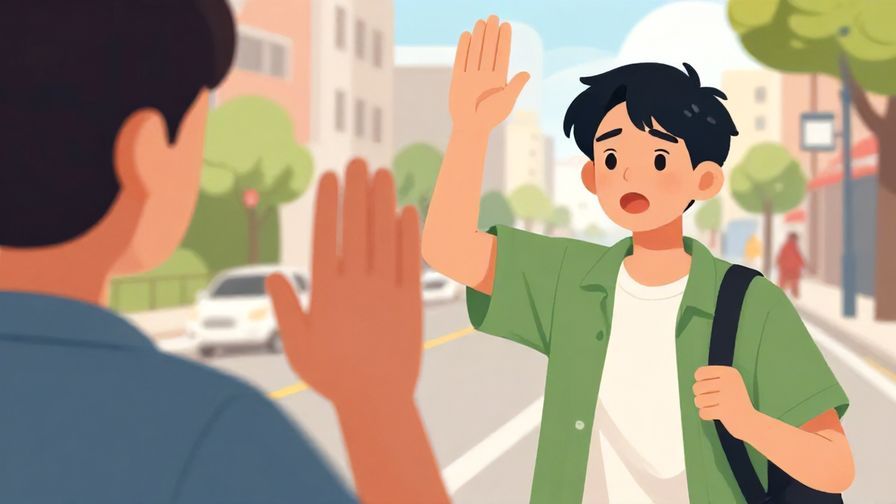 Illustration%20of%20a person raising a hand to stop someone, surprised expression, casual street scene, vibrant colors, illustrated style