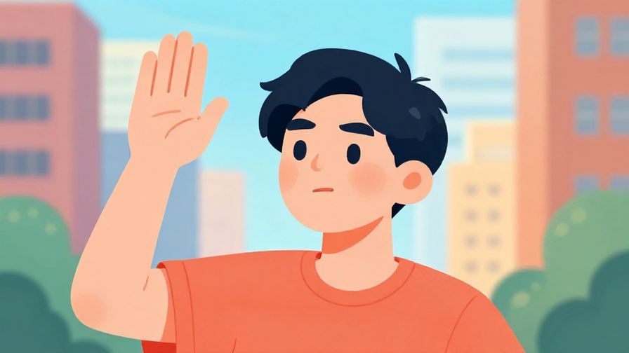 Illustration%20of%20a person raising a hand with a slightly playful, urging expression, urban background, bright colors, illustrated style