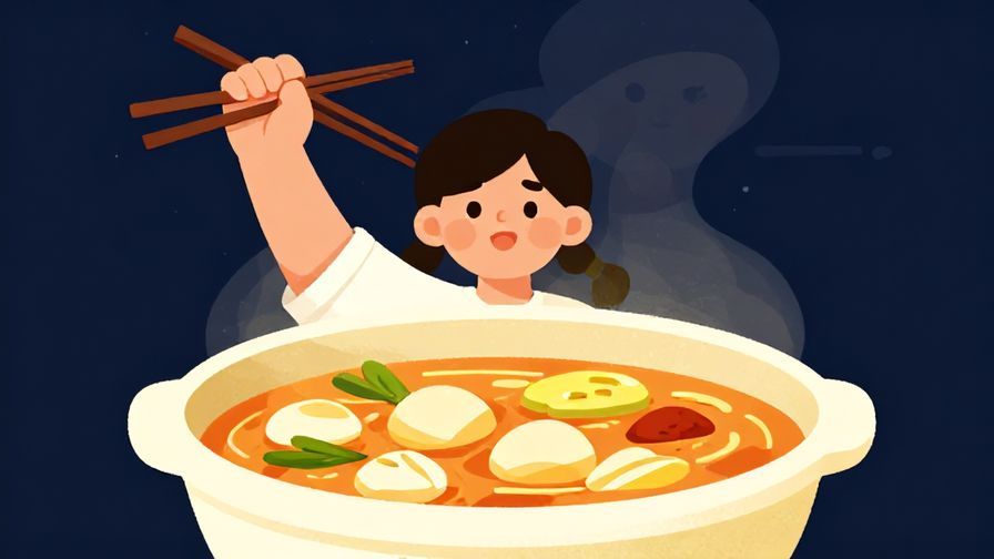Illustration%20of%20a person raising chopsticks triumphantly over a hot bowl of stew, glowing bright with satisfaction and bold colors.