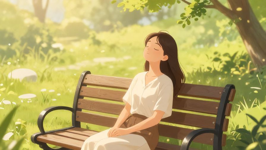 Illustration%20of%20a person relaxed on a bench, eyes closed, peaceful park scene with soft sunlight