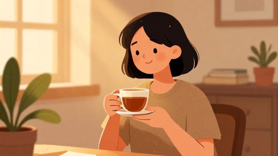 Illustration%20of%20a person relaxing with a satisfied smile holding a cup of tea, cozy room with warm lighting and plants, illustrated style