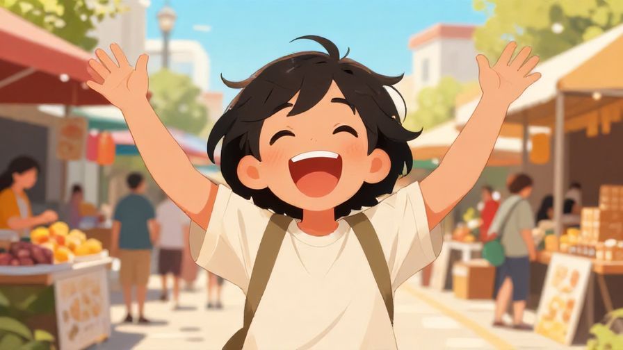 Illustration%20of%20a person repeating a phrase excitedly, wide smile, bright outdoor market setting