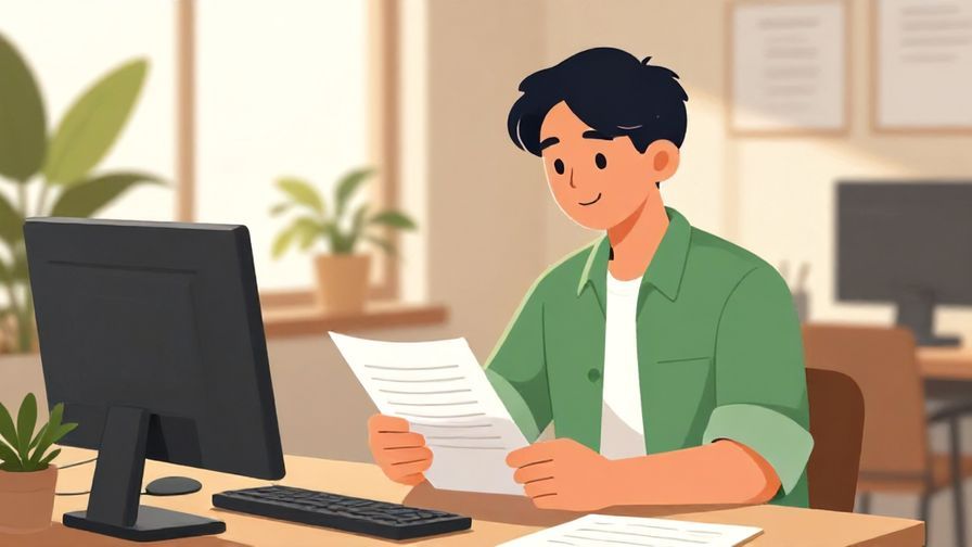 Illustration%20of%20a person reviewing documents with a slight smile, sunlit office with plants