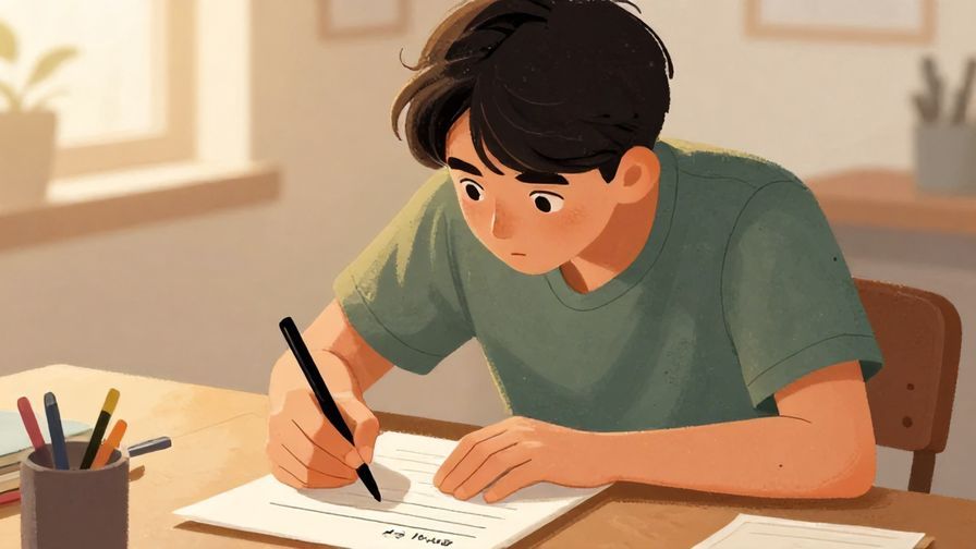 Illustration%20of%20a person rewriting notes on a desk, looking focused and determined, warm lighting, illustrated style