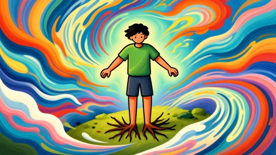 Illustration%20of%20a person rooted to the ground firmly, surrounded by swirling winds, vibrant colors, illustrated style